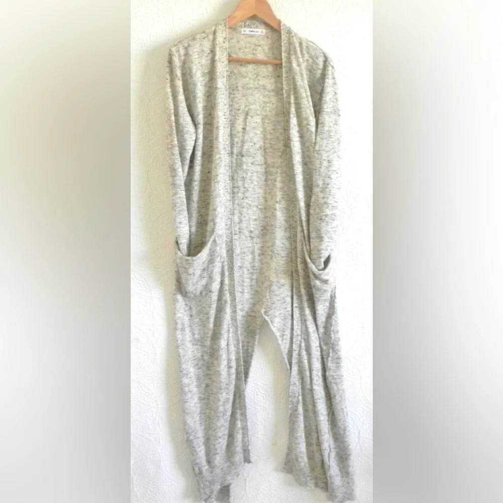 Zara Marled Neutral Open-Front Long Duster Cardigan with Split Back - Picture 7 of 9